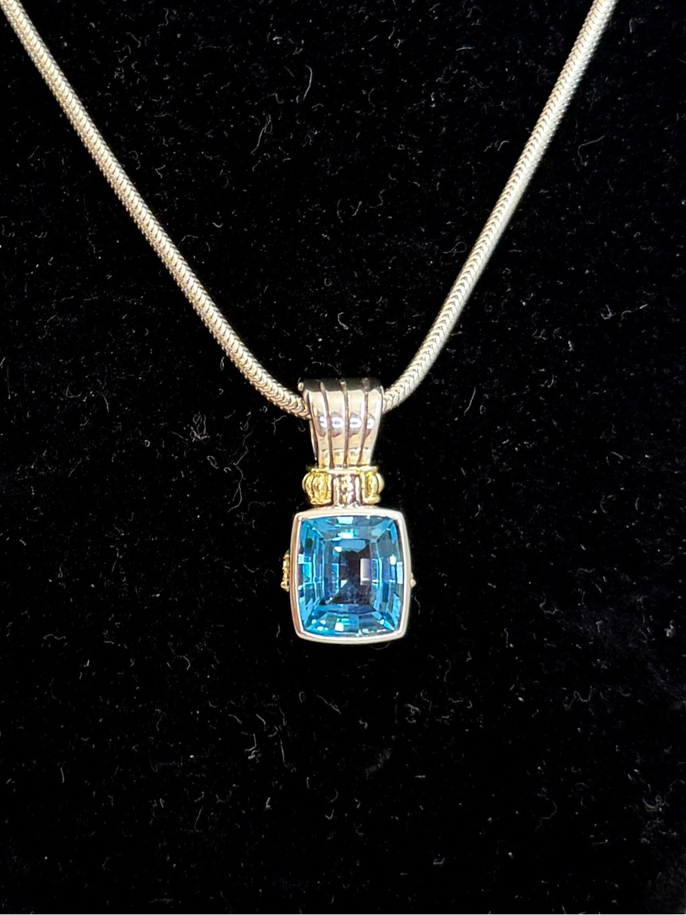 LAGOS Caviar Two Tone Sterling Silver 18K Gold Swiss Blue Topaz Pendant Necklace